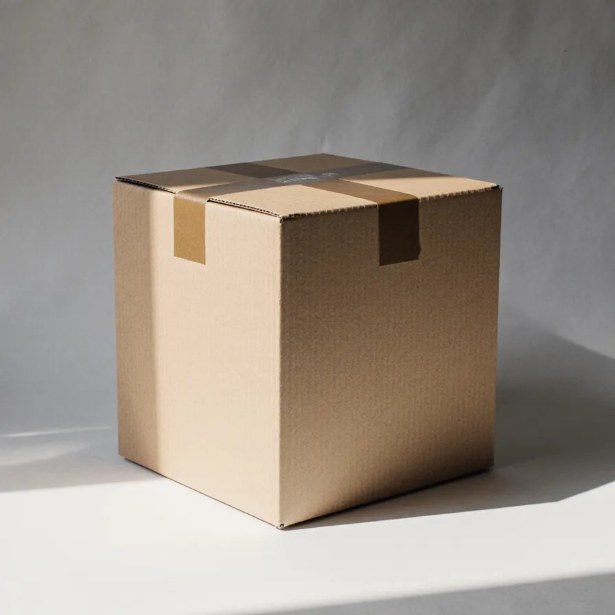 A cardboard shipping box in a patch of sun, printed with the company's name
