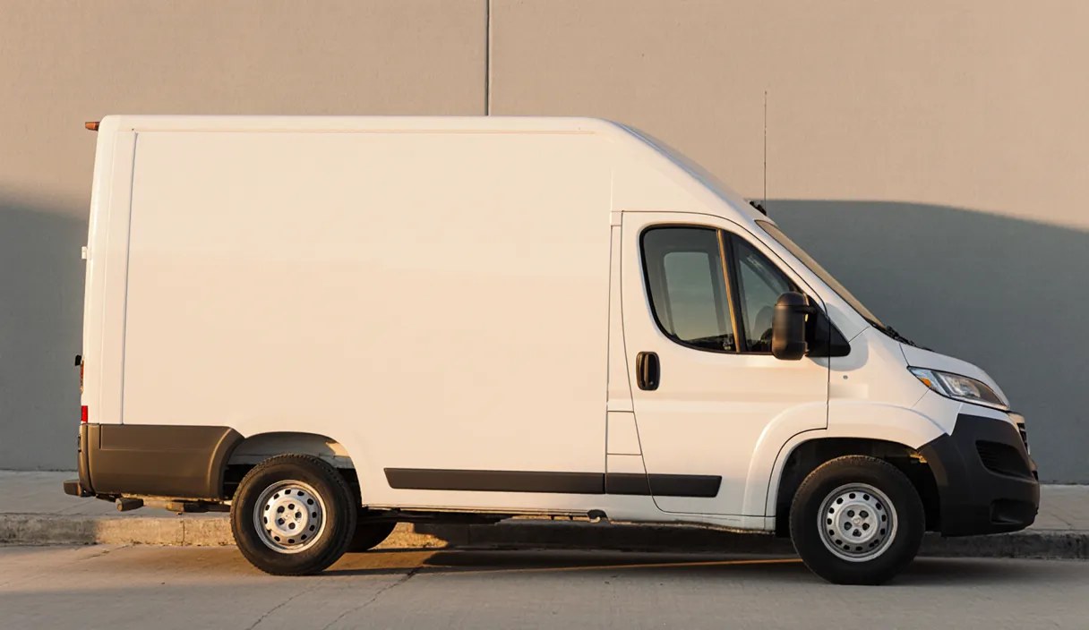 A white delivery van in late sun, with the company's name along its side